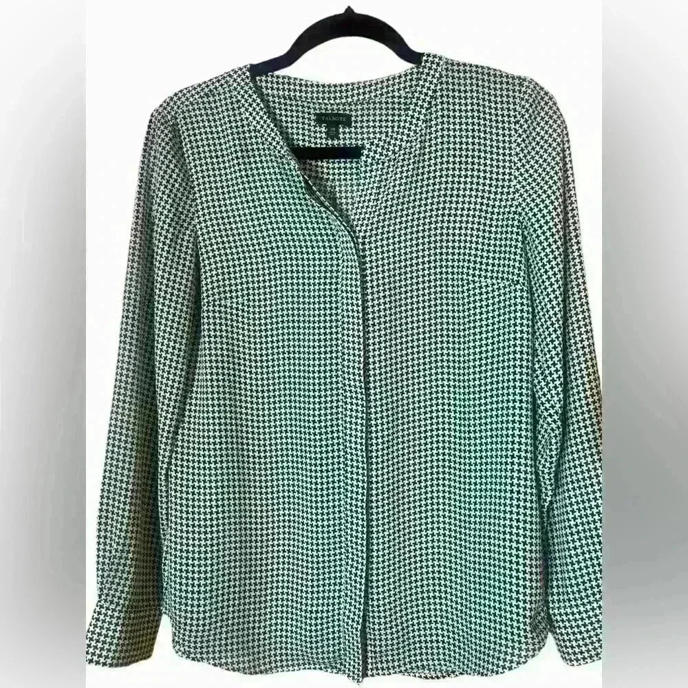 Talbots Green and Cream Houndstooth Lightweight Blouse‎ Size XS Long Sleeve